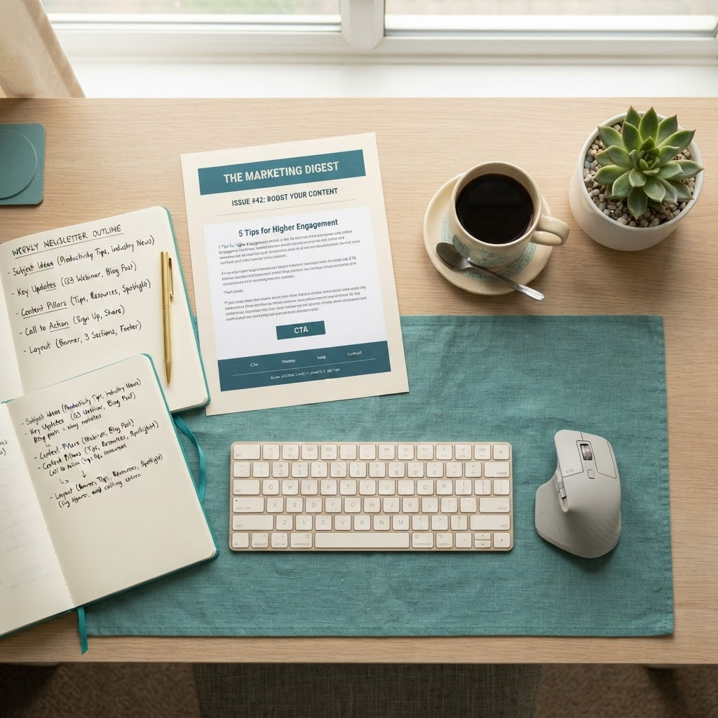 Overhead view of a neatly organized desk with newsletter notes, a printed email mockup, and a coffee cup