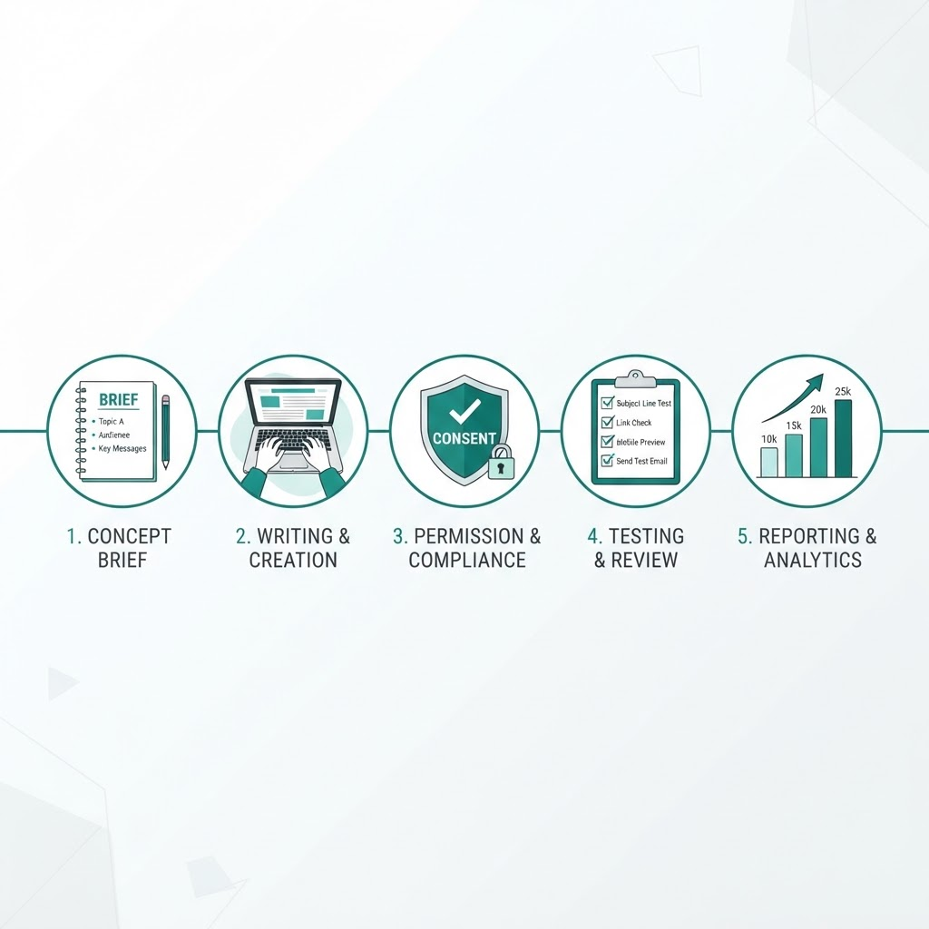 Diagram showing five steps of newsletter production: brief, write, consent check, test, and report